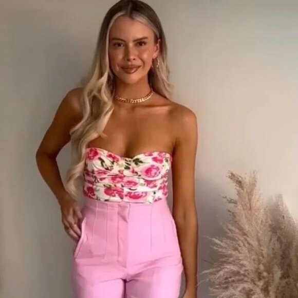 Zara  Draped Floral Strapless Bodysuit in Ivory & Pink Size Medium NWT - Picture 3 of 11